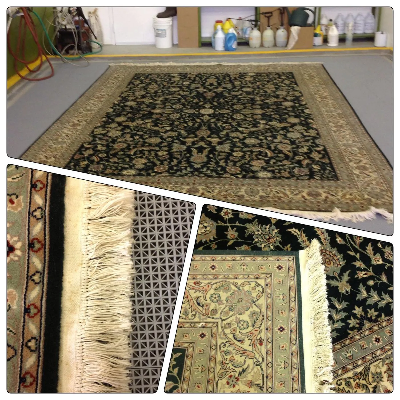 Finished Oriental rug with detail views of cleaned fringe and pile