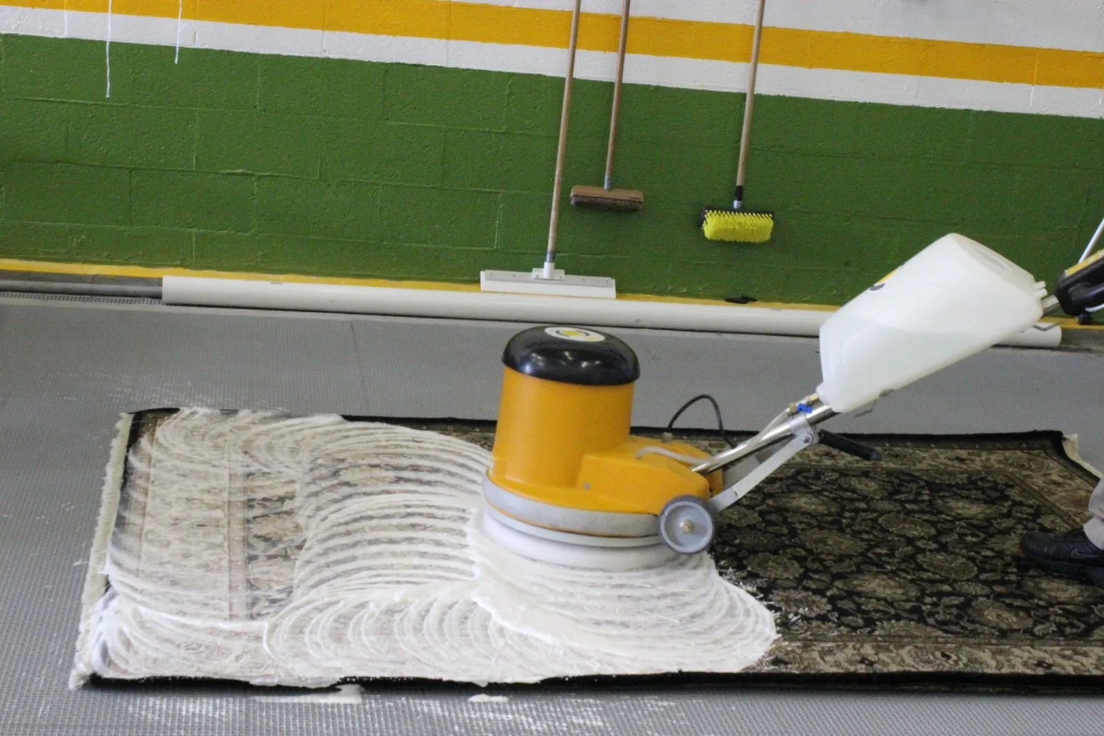 Gentle rotary washing of an area rug